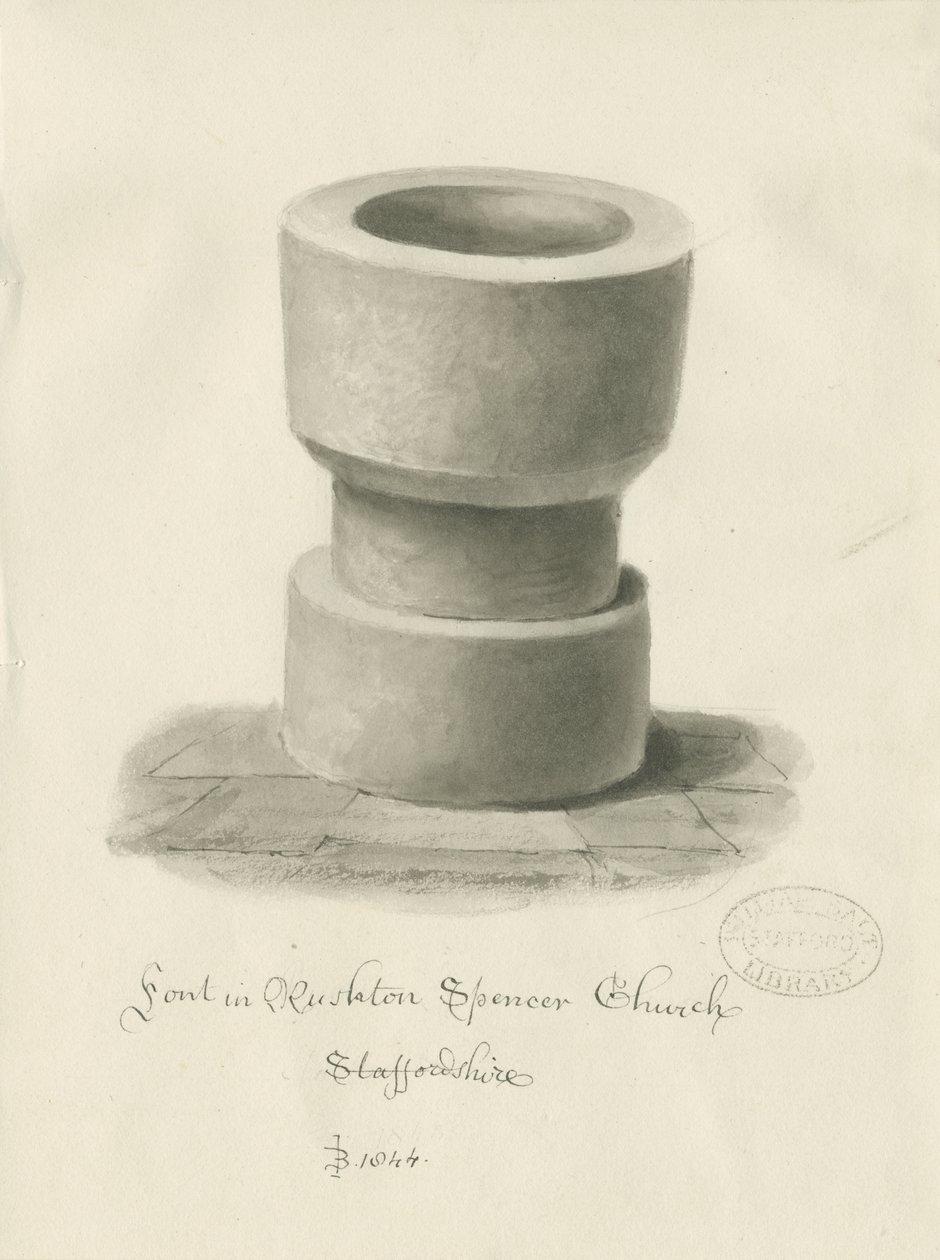 Skrifttype i Rushton Spencer Church: sepia vask tegning af John Buckler