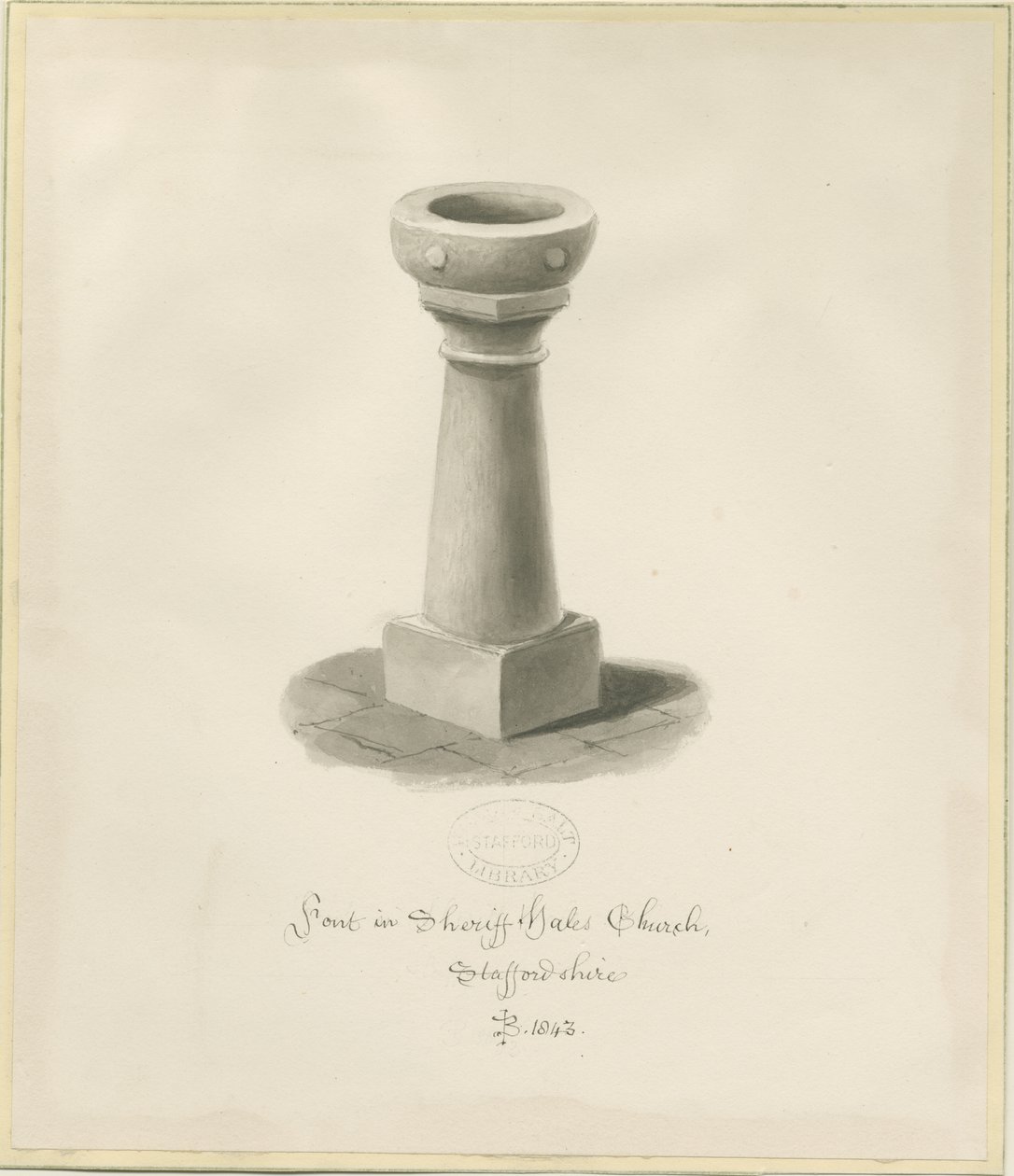 Font i Sheriffhales Church: sepia tegning af John Buckler