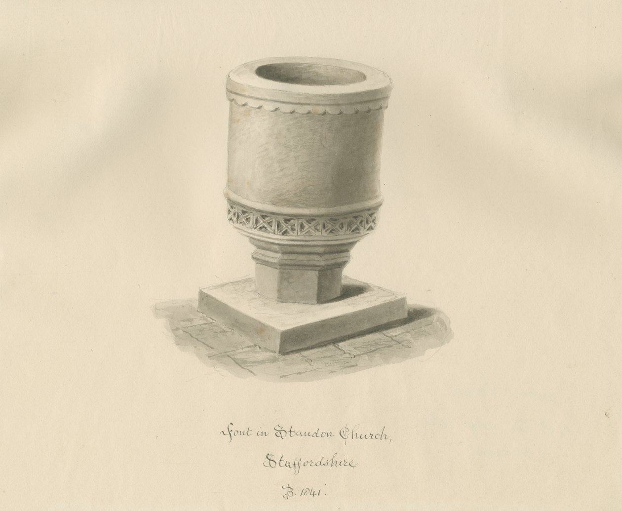 Skrifttype i Standon Church: sepia tegning af John Buckler