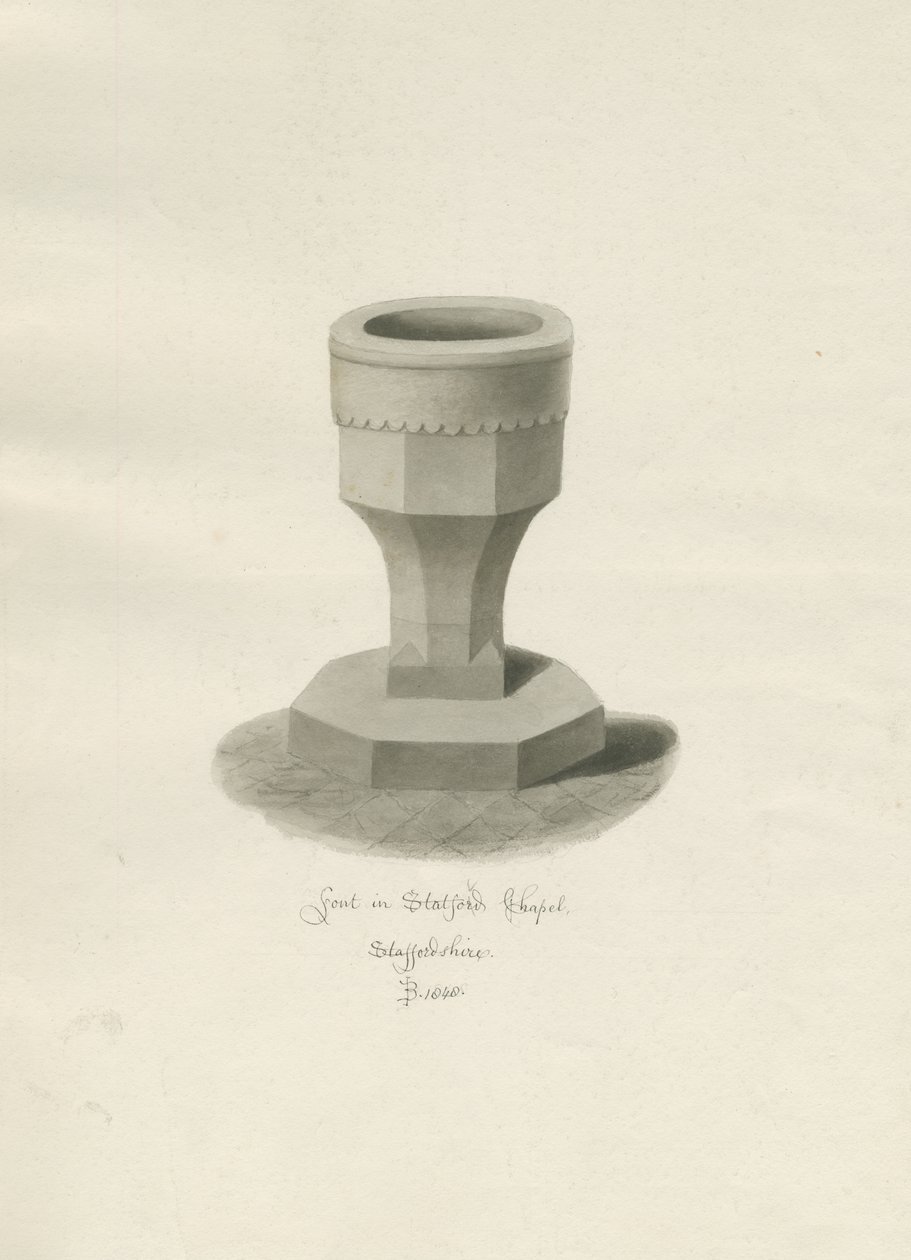 Skrifttype i Statfold Kapel: sepia tegning, 1848 af John Buckler