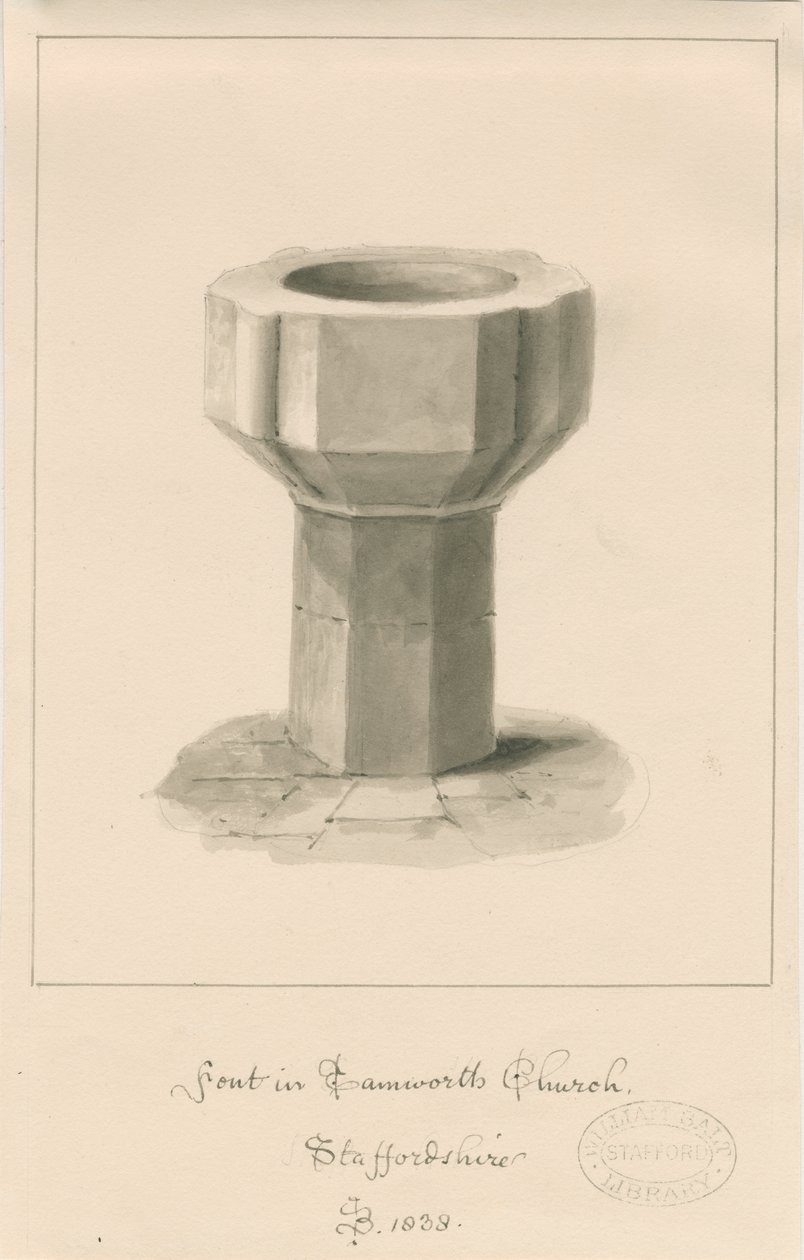 Skrifttype i Tamworth Church: sepia tegning af John Buckler