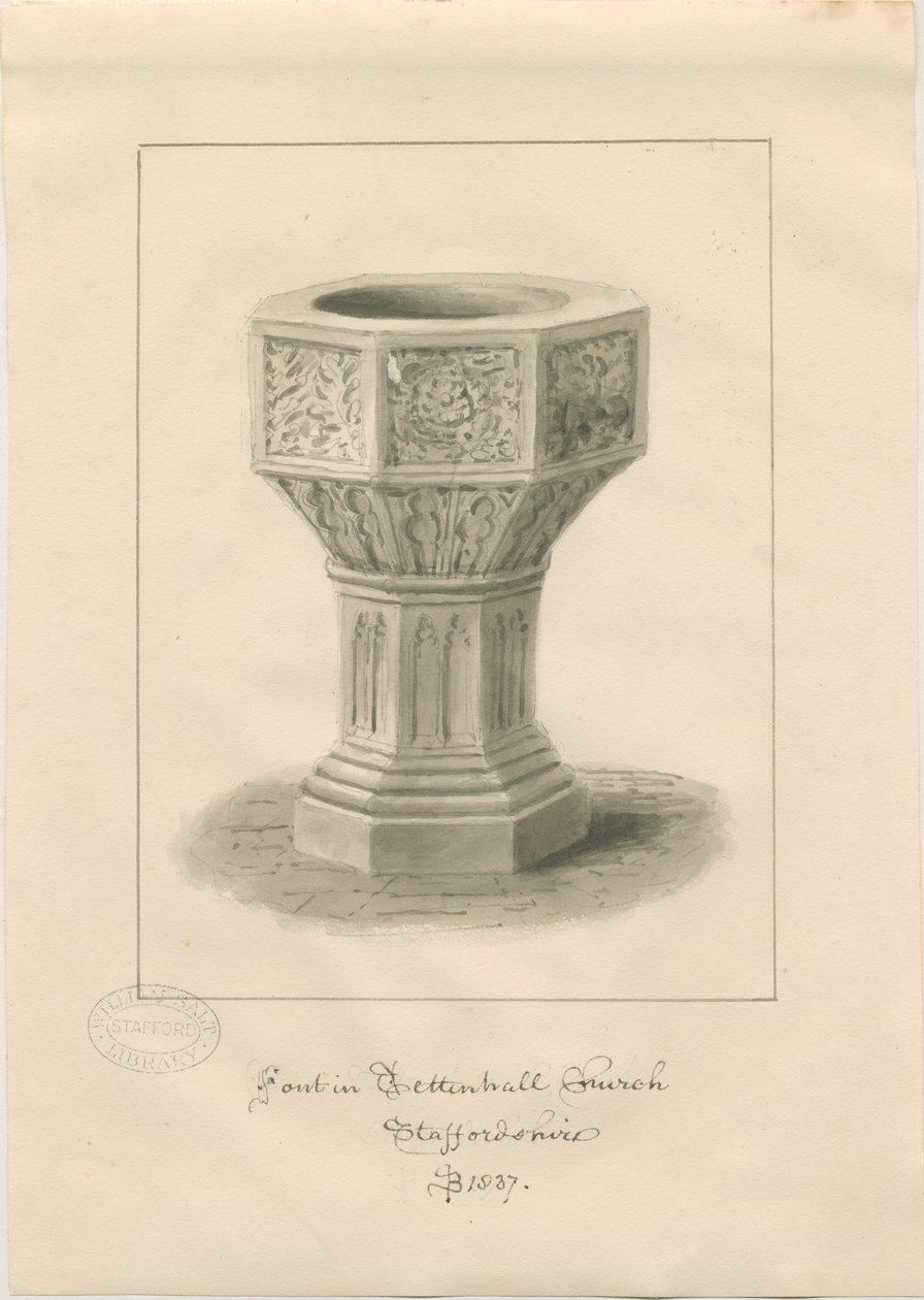Font i Tettenhall Church: sepia tegning af John Buckler