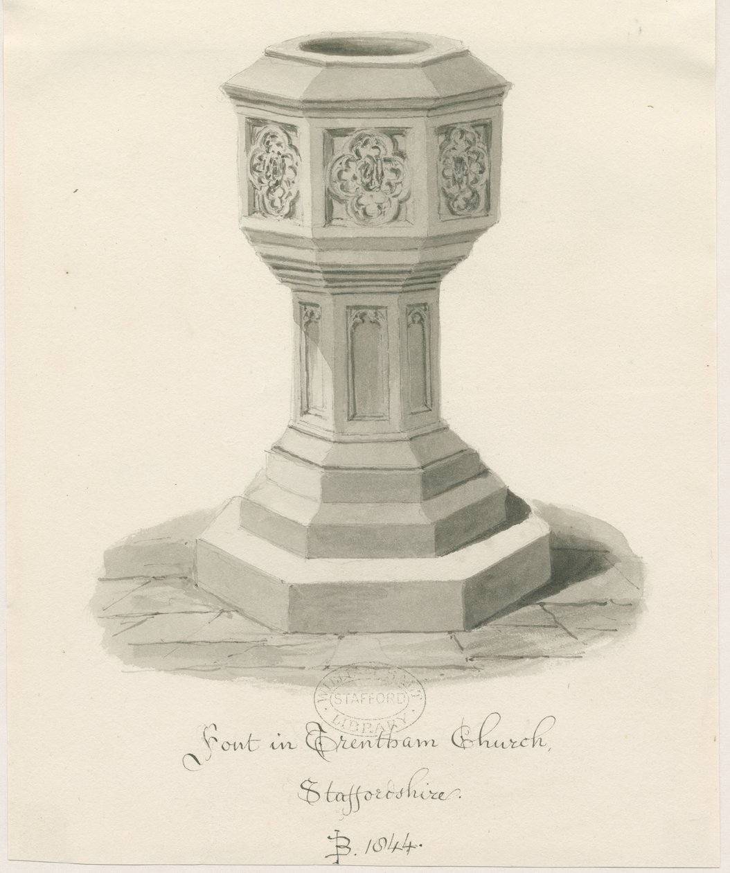Skrifttype i Trentham Church: sepia-tegning, 1844 af John Buckler