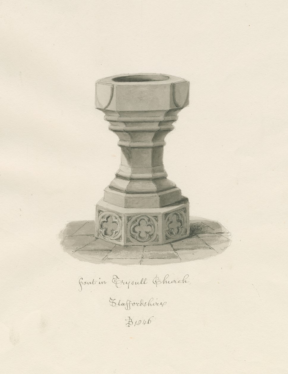 Font i Trysull Kirke: sepia vasketegning af John Buckler