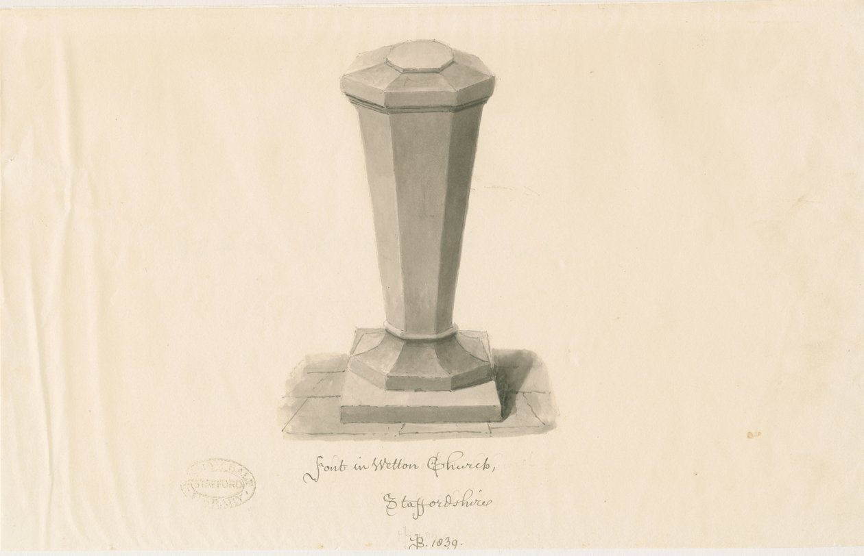 Skrifttype i Wetton Church: sepia-tegning, 1839 af John Buckler