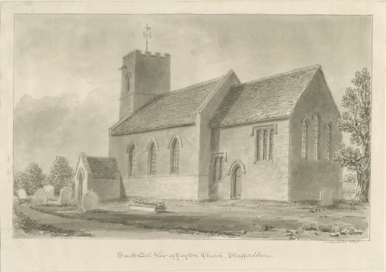 Gayton Church: sepia tegning, 1841 af John Buckler
