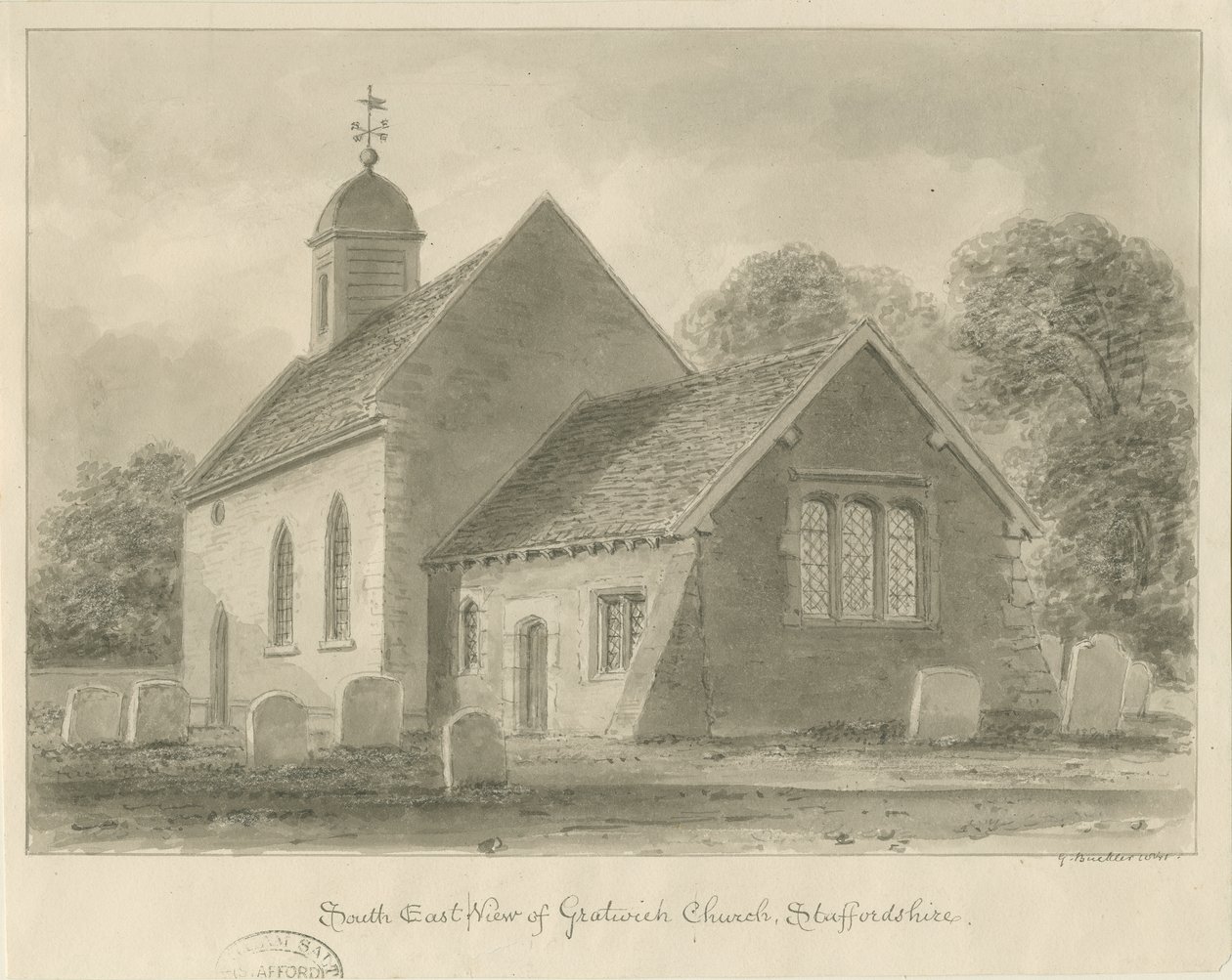 Gratwich Church: sepia tegning af John Buckler