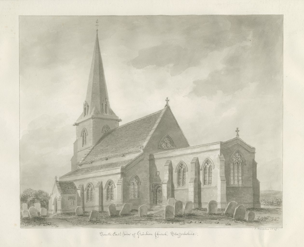 Grindon Church: sepia tegning af John Buckler