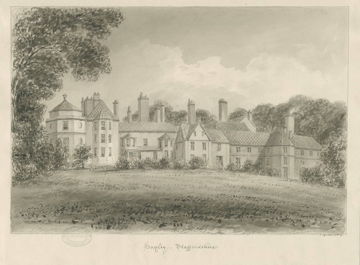 Hagley Hall: sepia tegning, 1814 af John Buckler