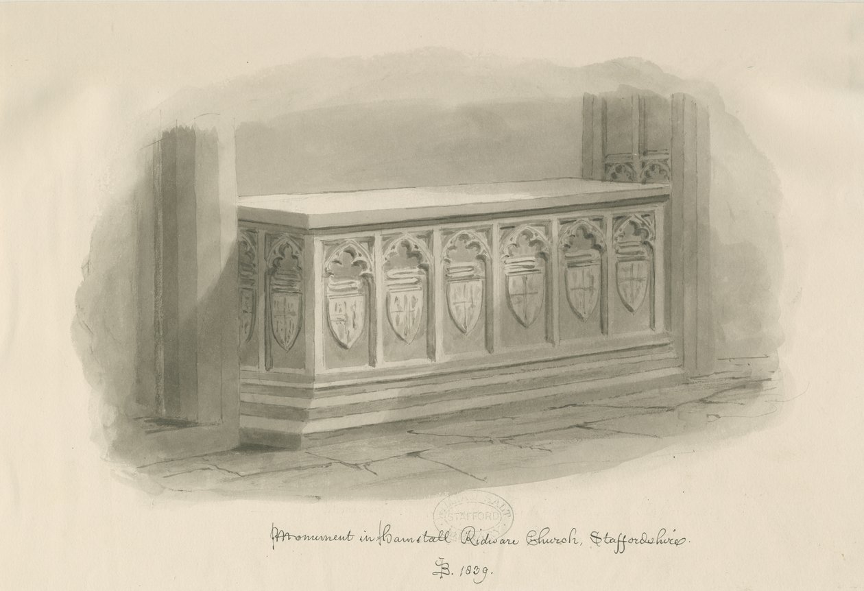 Hamstall Ridware Church - Monument: sepia wash drawing, 1839dani af John Buckler