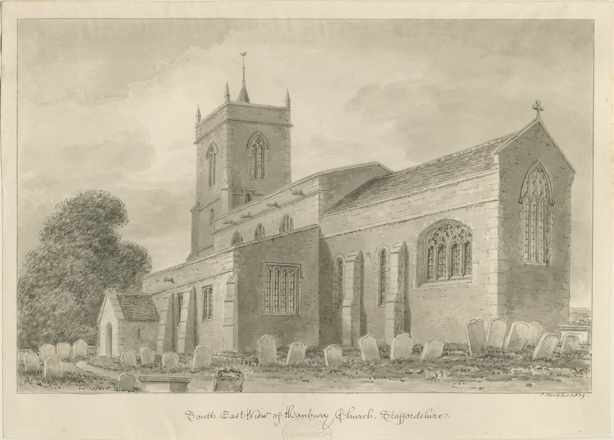 Hanbury Church: sepia vask tegning af John Buckler