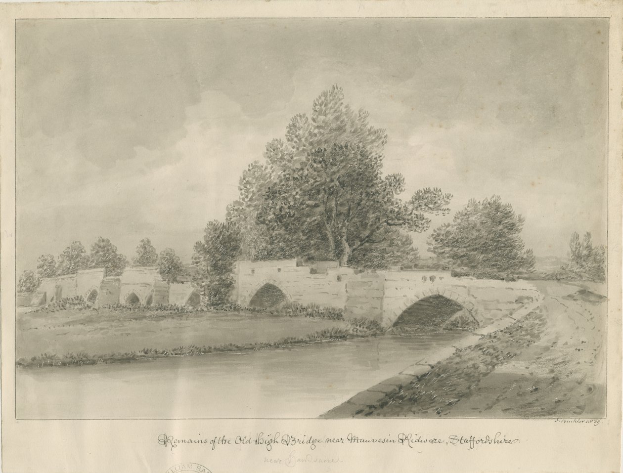 Handsacre - Old High Bridge: sepia drawing, 1839dani af John Buckler