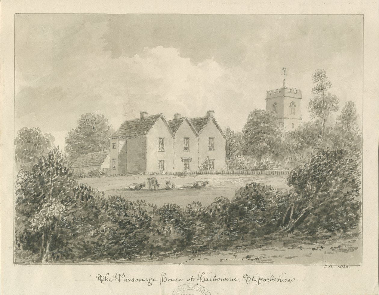 Harborne - Præstegård: sepia-tegning, 1833 af John Buckler