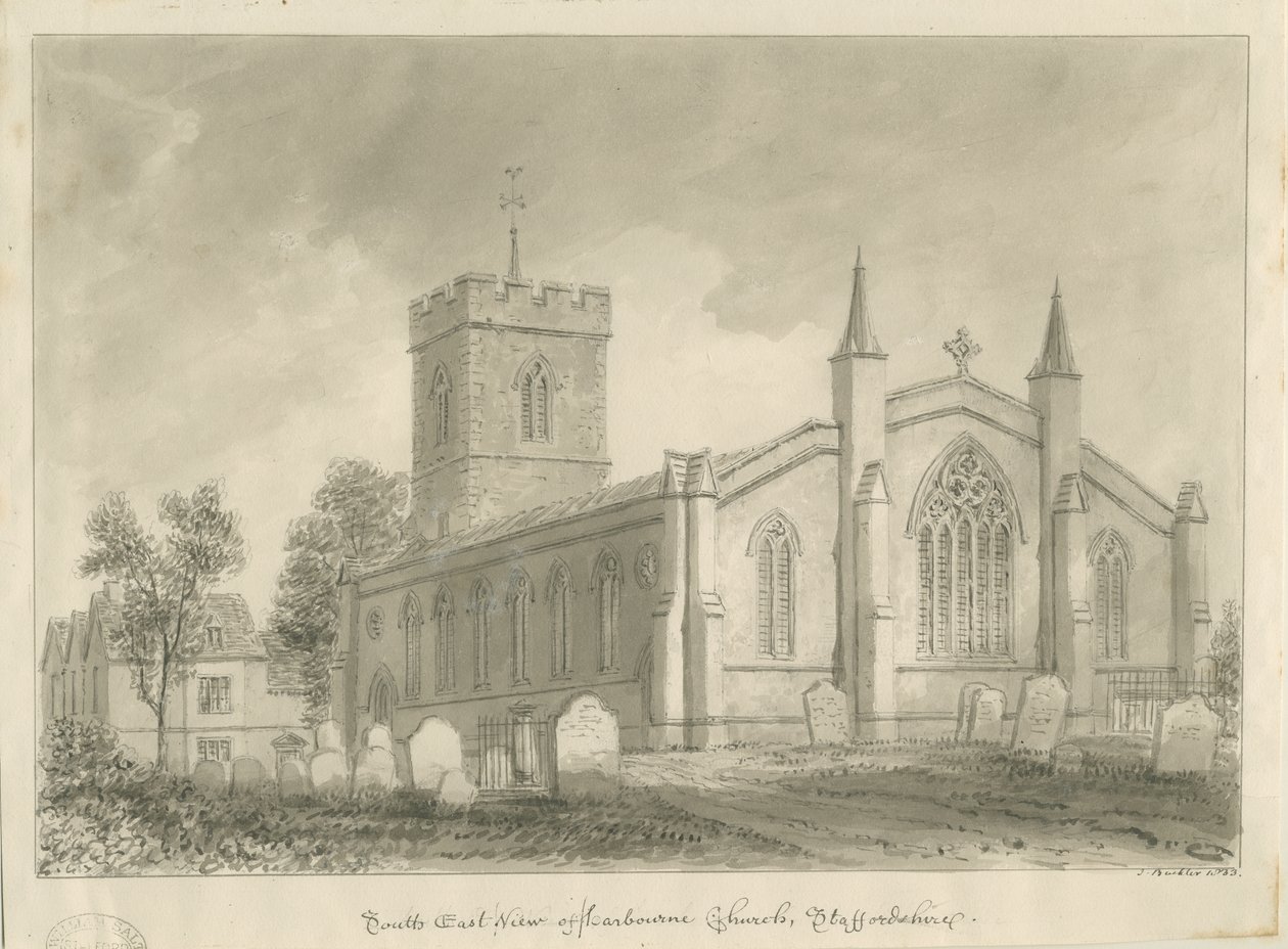 Harborne Church: sepia tegning af John Buckler