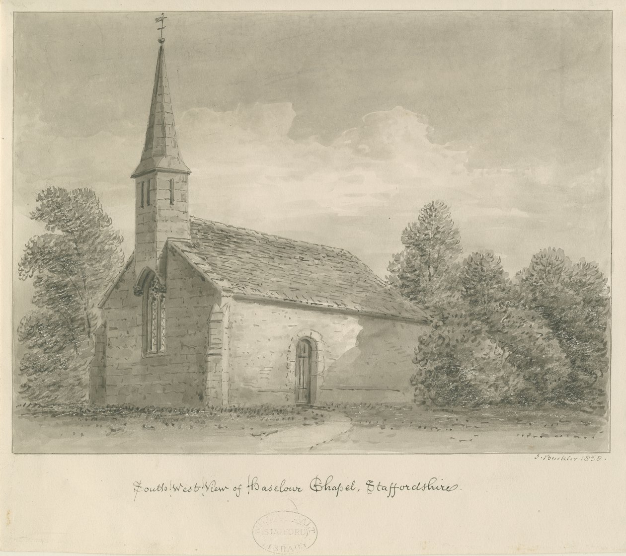 Haselour Kapel: sepia tegning, 1828 af John Buckler