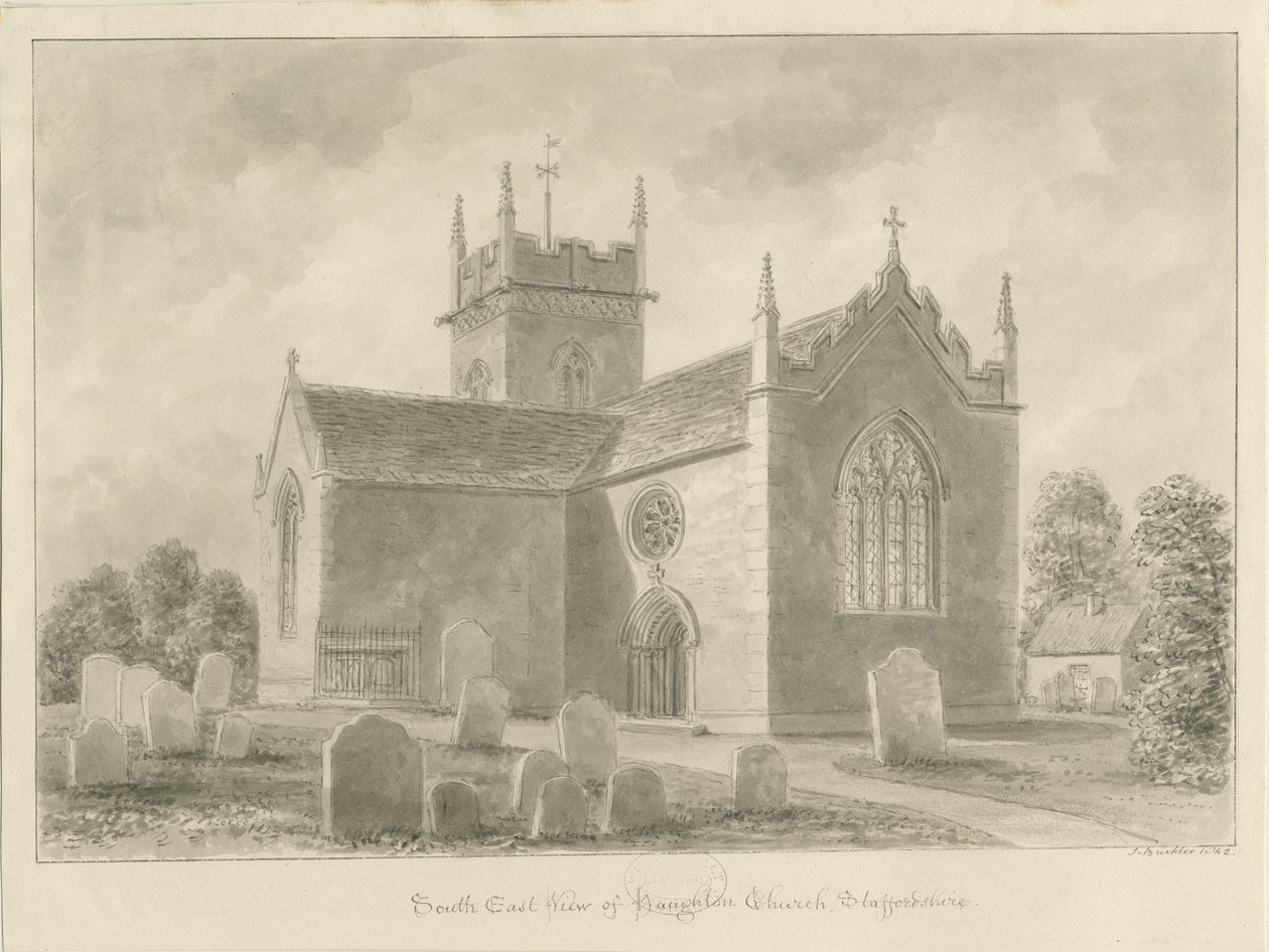 Haughton Church: sepia vask tegning, 1842 af John Buckler