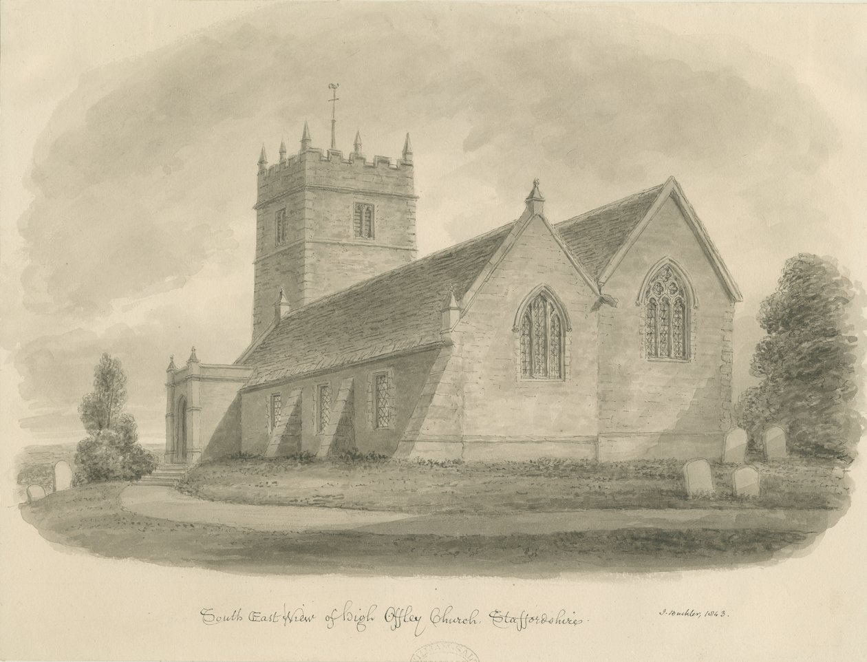 High Offley Church: sepia tegning af John Buckler