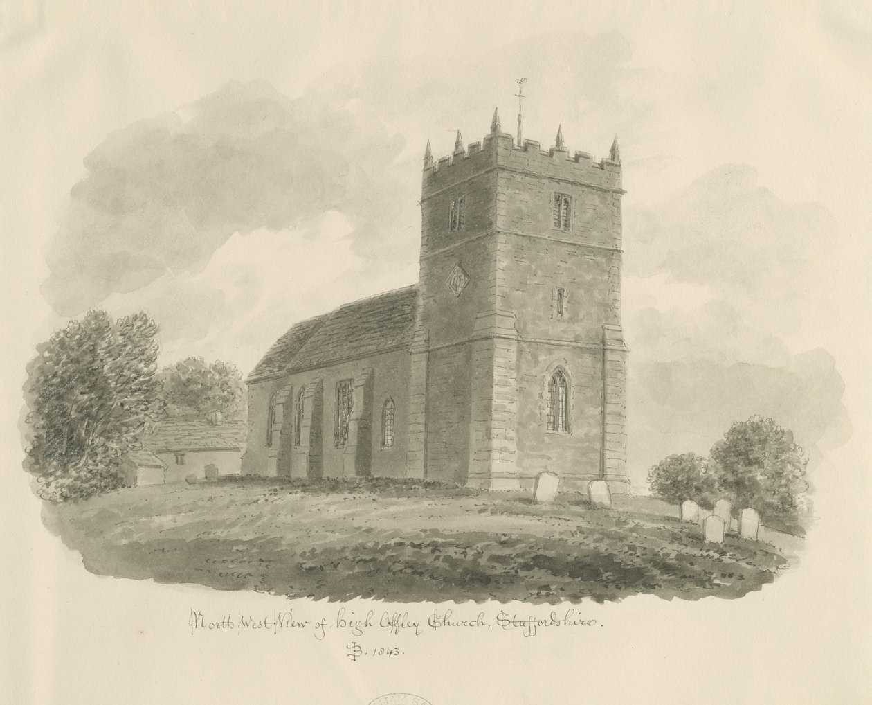 High Offley Church: sepia-tegning, 1843 af John Buckler