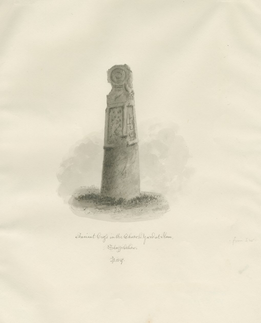 Ilam-kirken - antikke kors: sepia-tegning af John Buckler