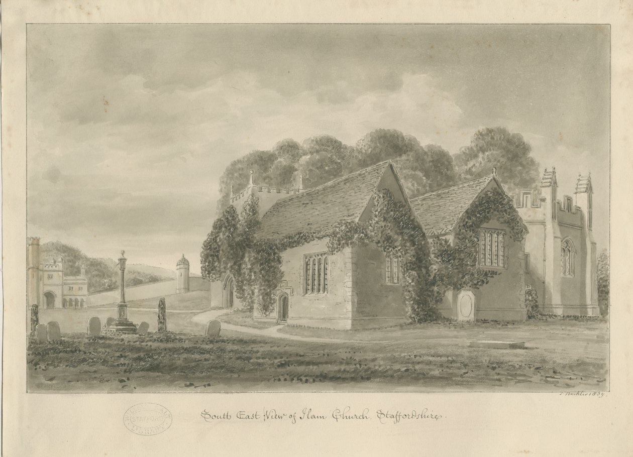 Ilam Church: sepia drawing, 1839dani af John Buckler