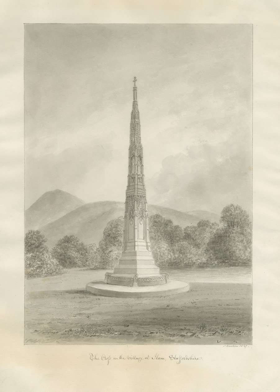 Ilam Village - Cross: sepia tegning af John Buckler
