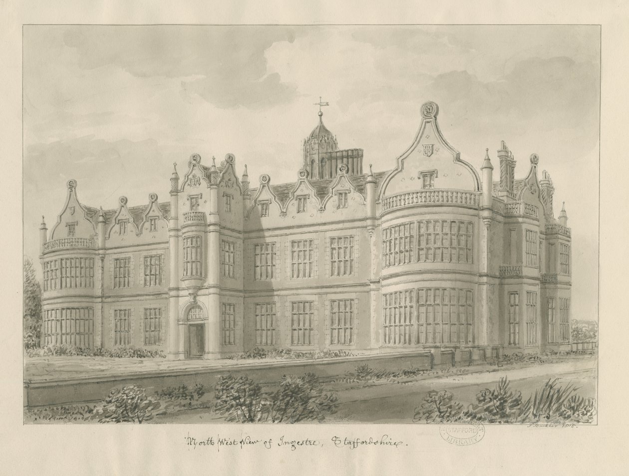 Ingestre Hall: sepia tegning af John Buckler