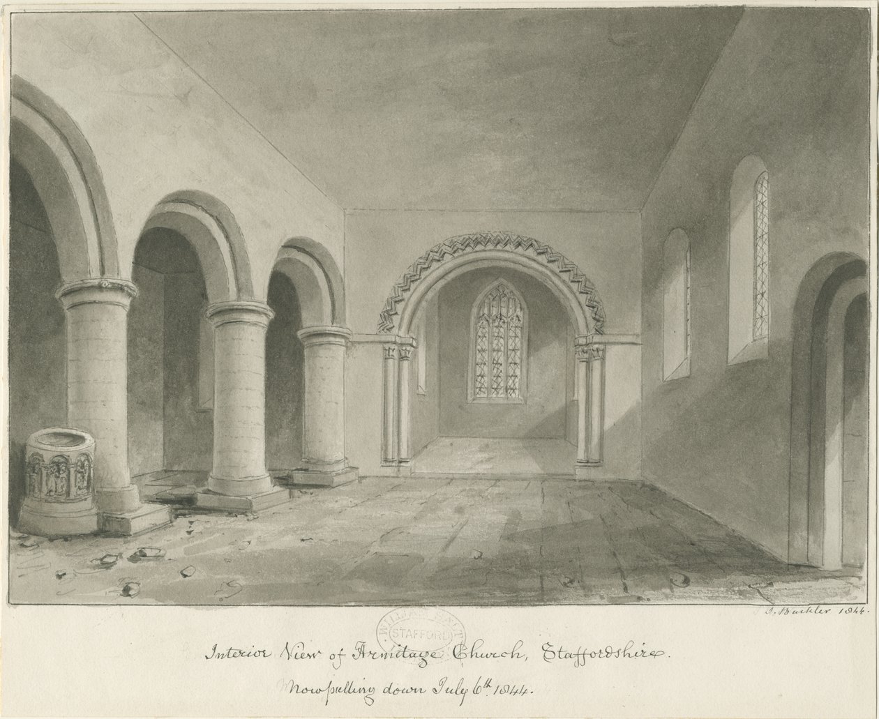 Interior of Armitage Church: sepia drawing, 6 Jul 1844dani af John Buckler