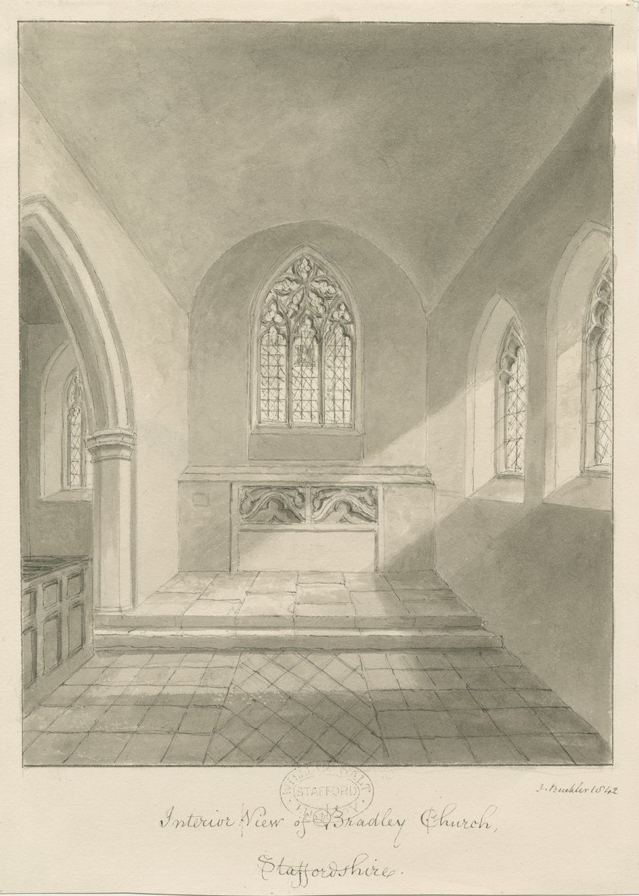 Interior of Bradley Church: sepia drawing, 1842dani af John Buckler