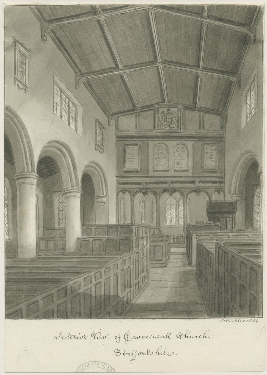 Interiør af Caverswall Church: sepia tegning af John Buckler