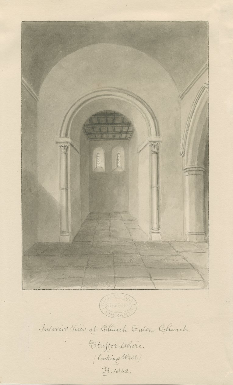 Interiør af Church Eaton Church: sepia tegning af John Buckler