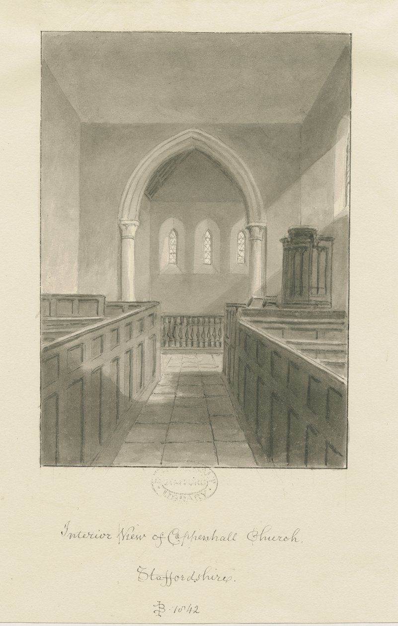 Interiør af Coppenhall Church: sepia tegning af John Buckler