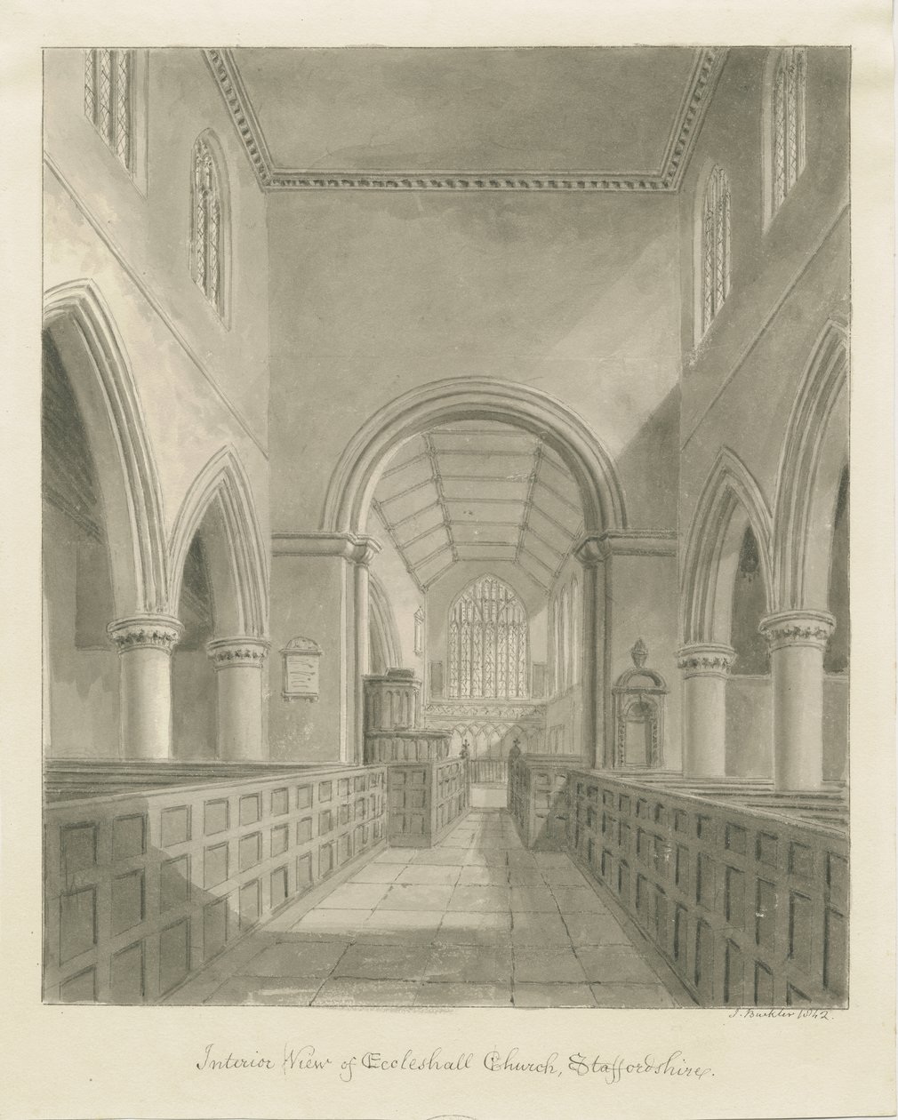 Interior of Eccleshall Church: sepia drawing, 1842dani af John Buckler