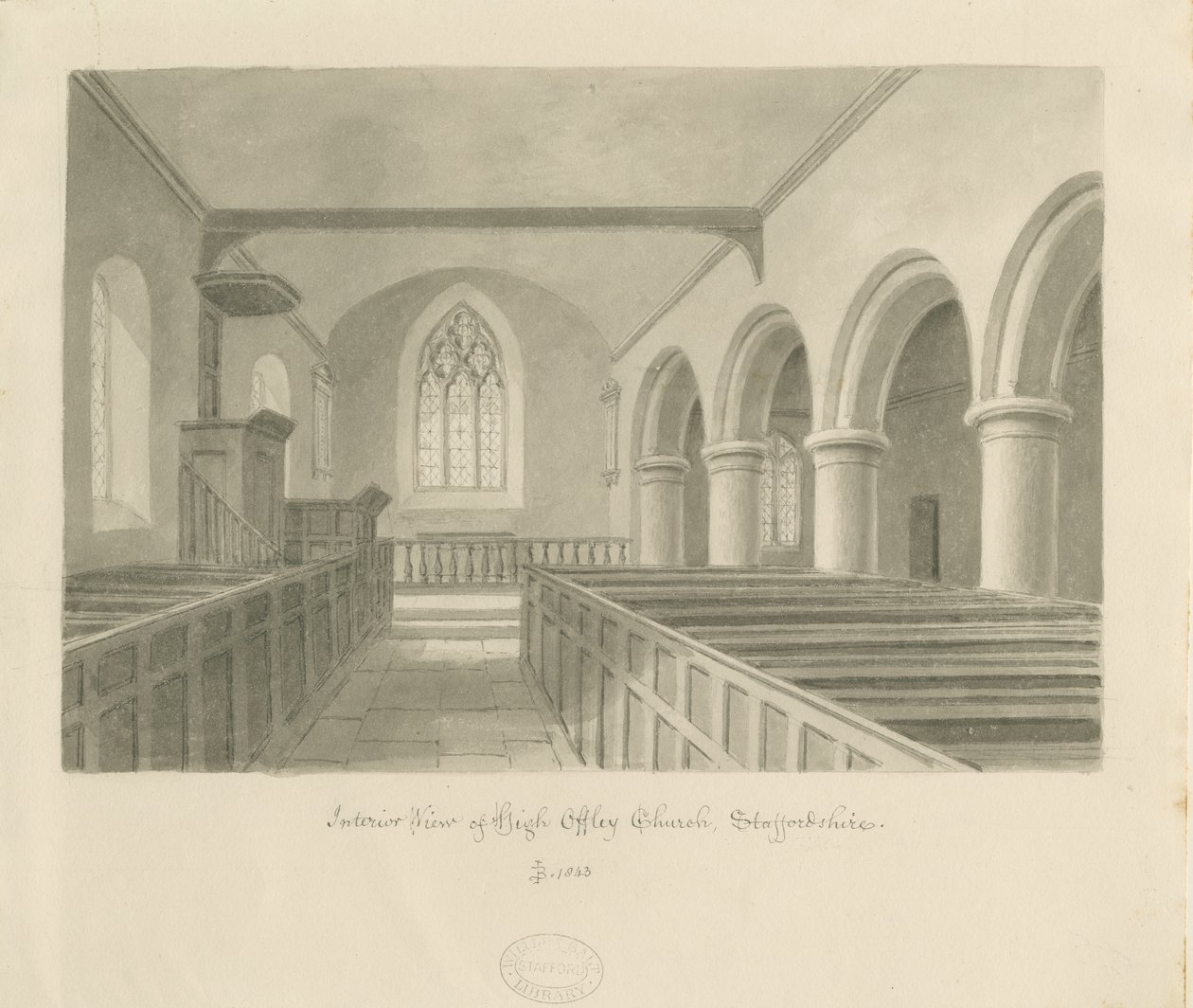Interiør af High Offley Church: sepia tegning af John Buckler