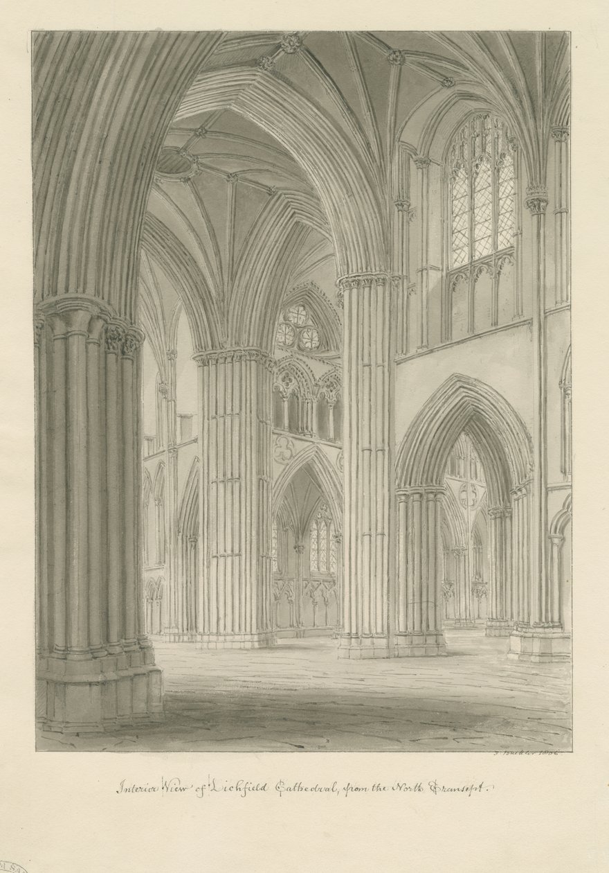 Interiør af Lichfield Cathedral - Krydsning fra det nordlige tværskib: sepia-tegning af John Buckler