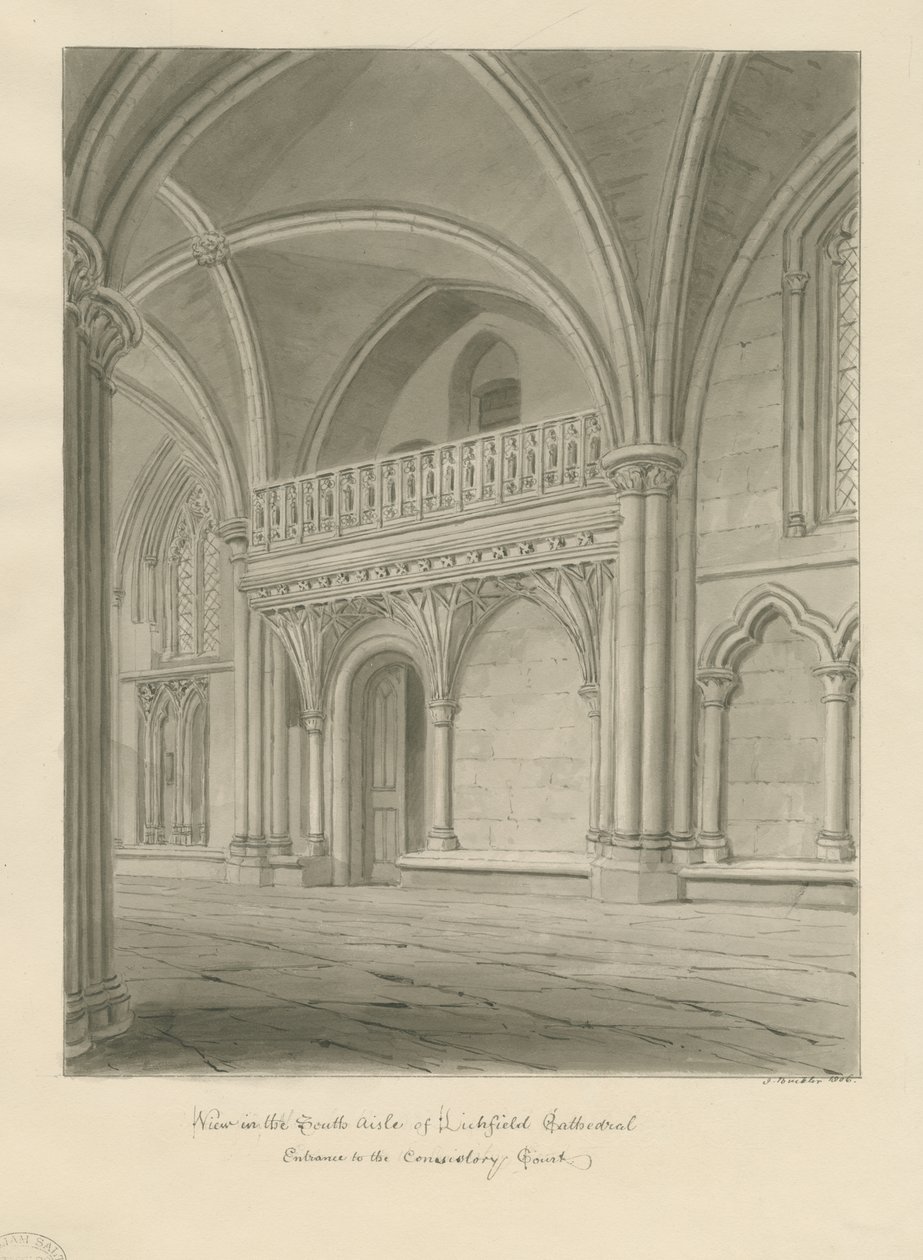 Interiør af Lichfield Cathedral - Indgang til Consistory Court: sepia tegning af John Buckler