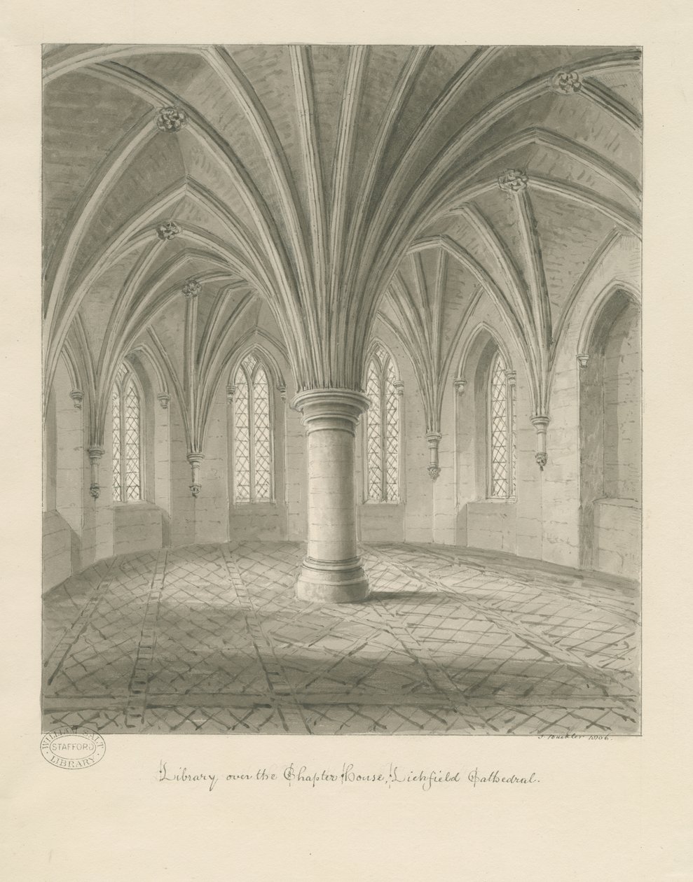 Interiør af Lichfield Cathedral - Bibliotek over Chapter House: sepia tegning af John Buckler