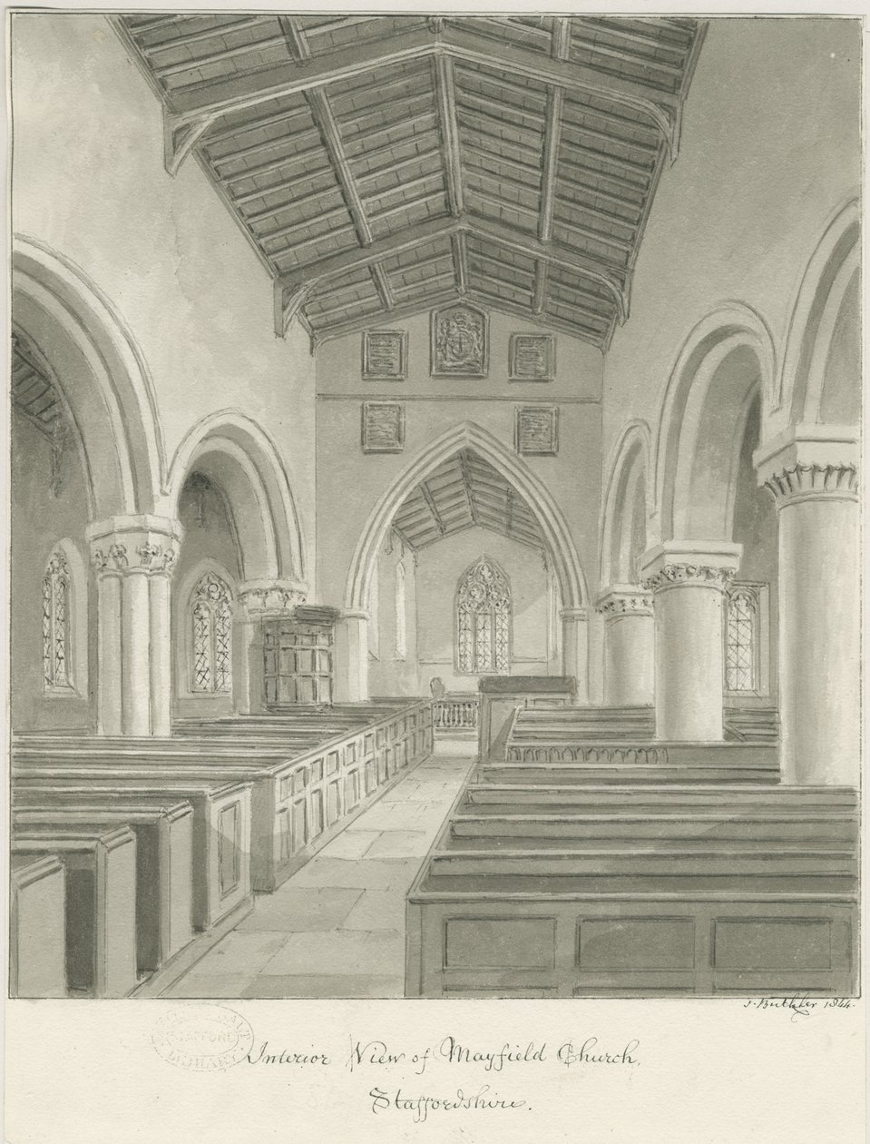 Interior of Mayfield Church: sepia wash drawing, 1844dani af John Buckler