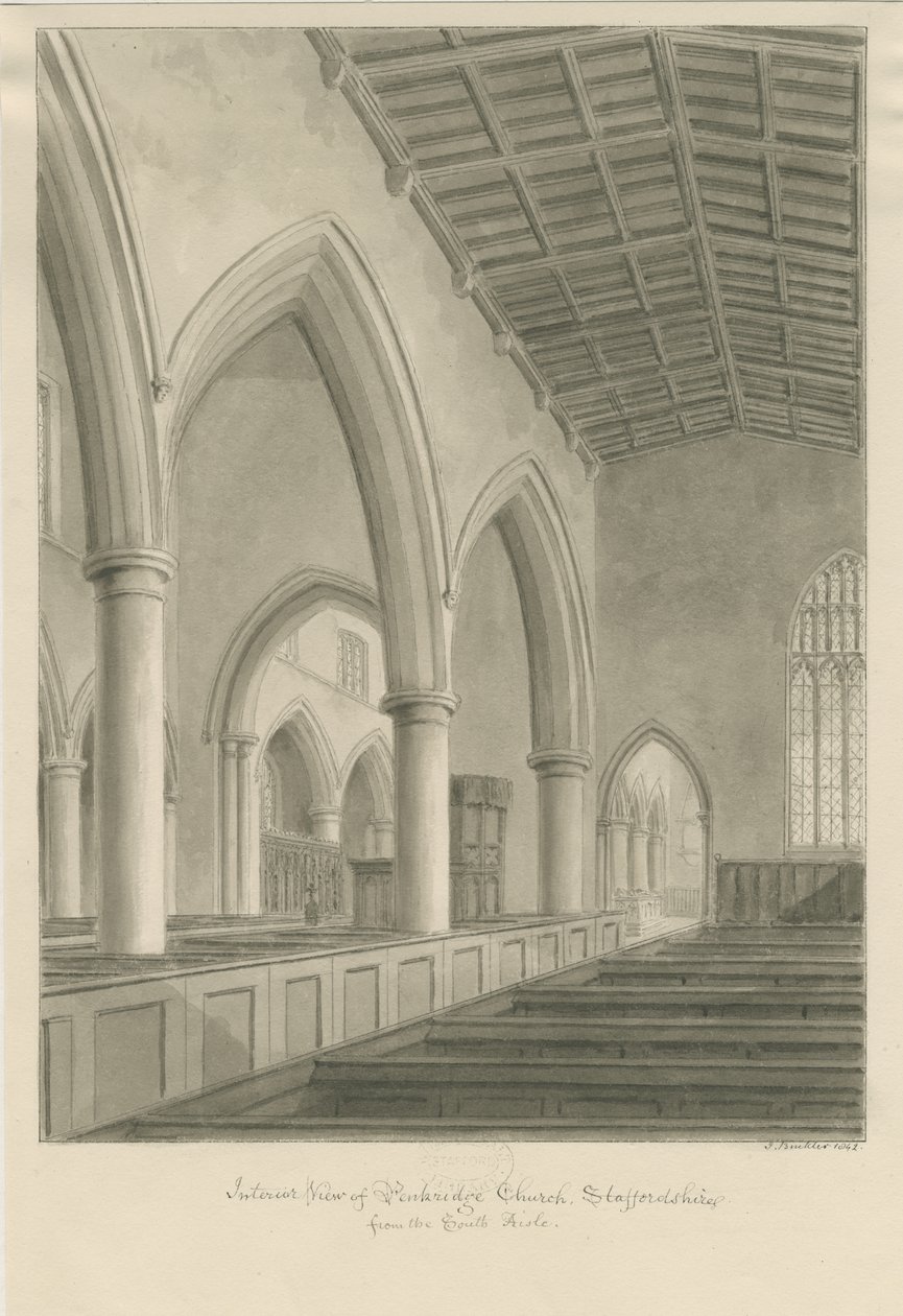 Interiør af Penkridge Church: sepia tegning af John Buckler
