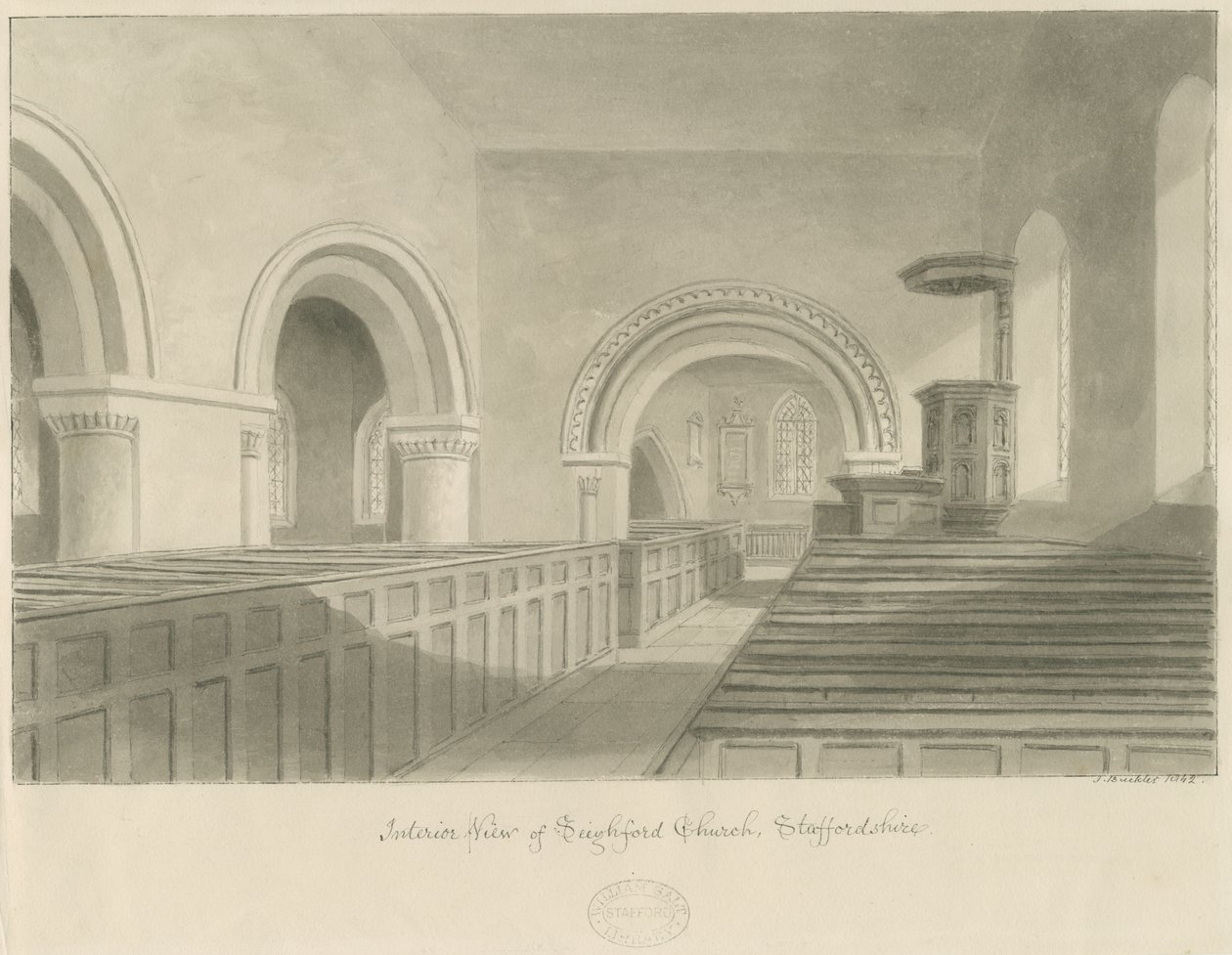 Interiør af Seighford Church: sepia tegning af John Buckler