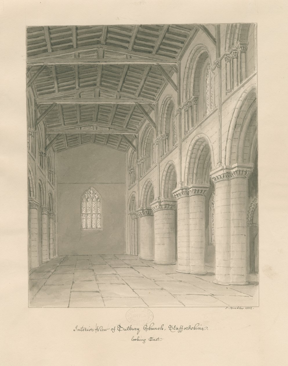 Interiør af Tutbury Priory Church: sepia vask tegning af John Buckler