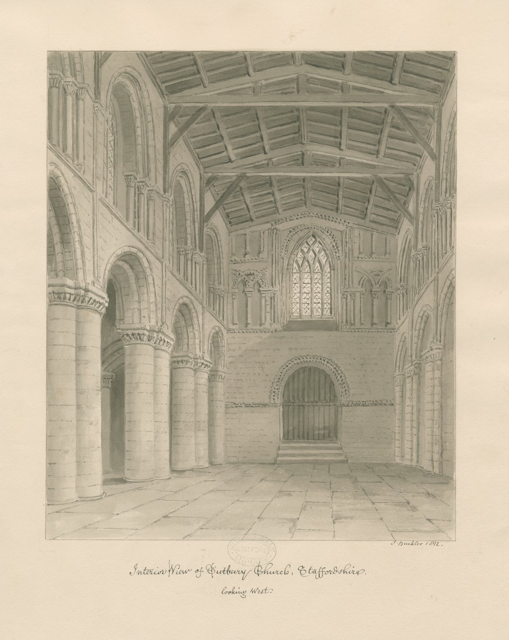 Interiør af Tutbury Priory Church: sepia vask tegning af John Buckler