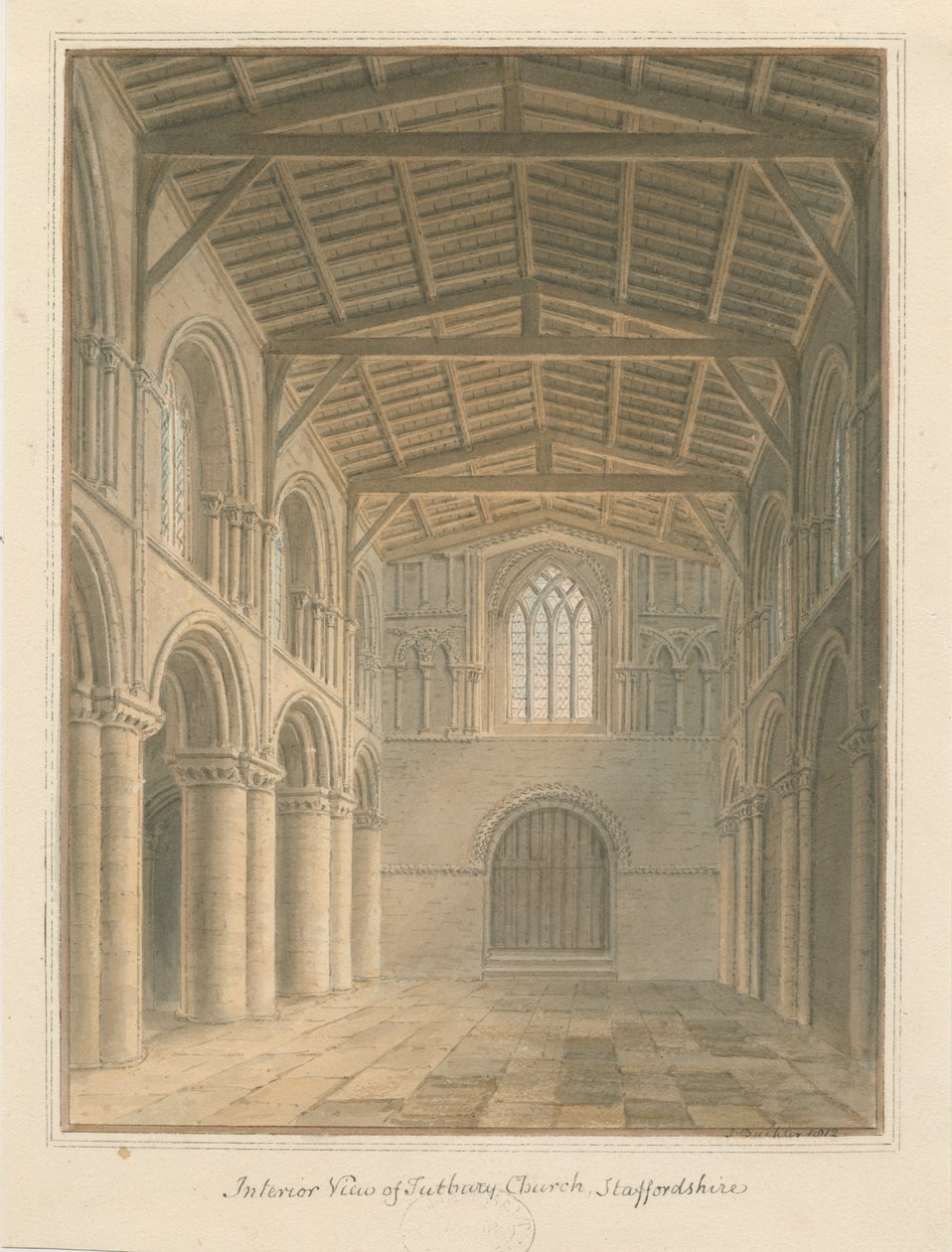 Interiør af Tutbury Priory Church: akvarelmaleri af John Buckler