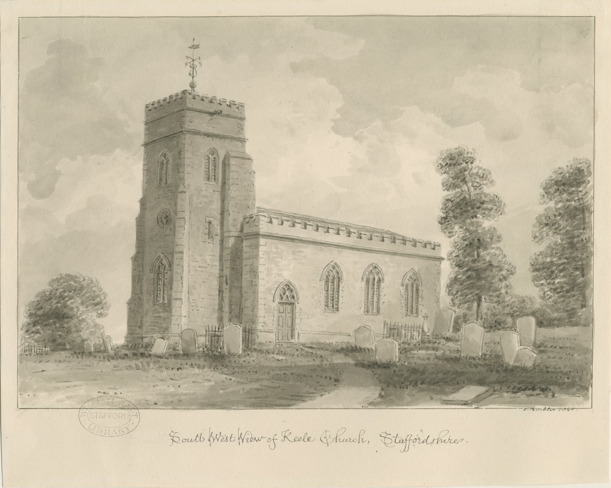 Keele Kirke: sepia tegning af John Buckler