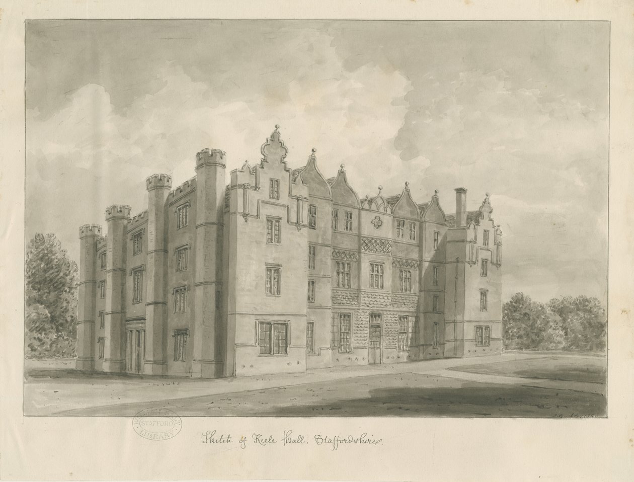 Keele Hall: sepia tegning af John Buckler