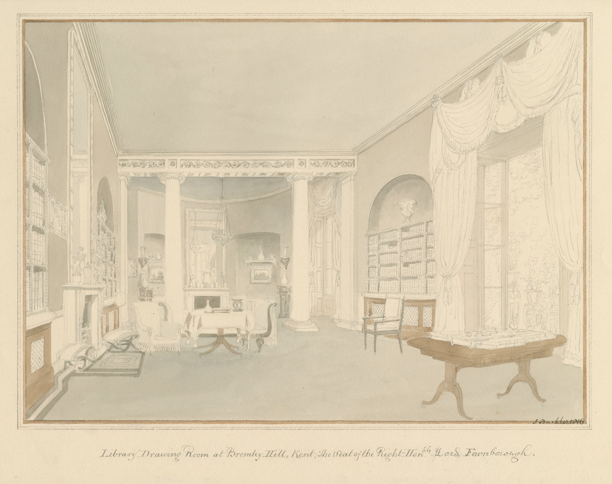 Kent - Bromley Hill - Interior of Library Drawing Room, 1816 af John Buckler