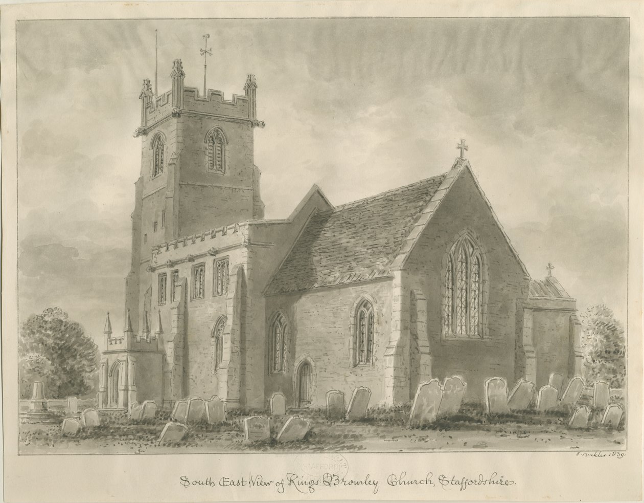 Kings Bromley Church: sepia-tegning, 1839 af John Buckler