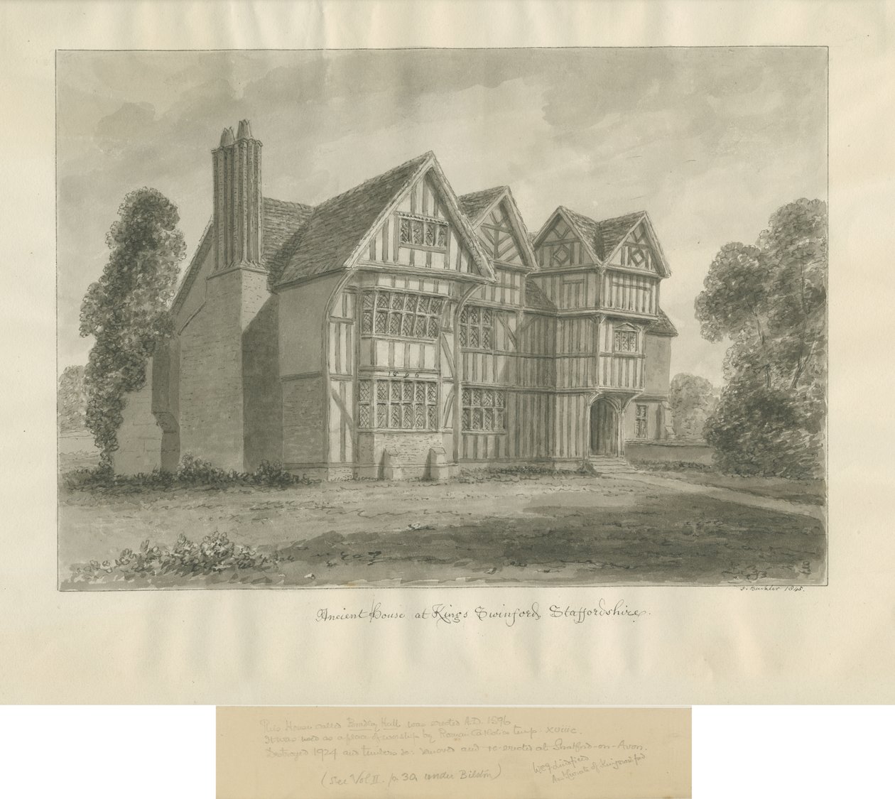 Kingswinford - Bradley Hall: sepia-tegning af John Buckler