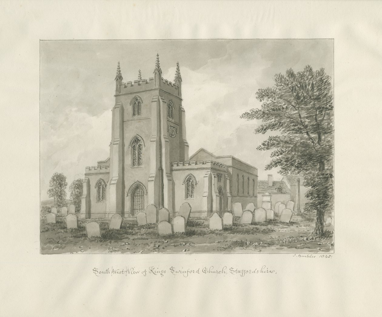 Kingswinford Church: sepia tegning af John Buckler
