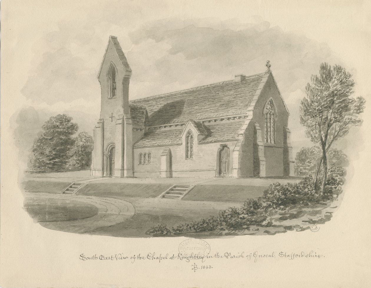 Knightley Chapel: sepia tegning af John Buckler