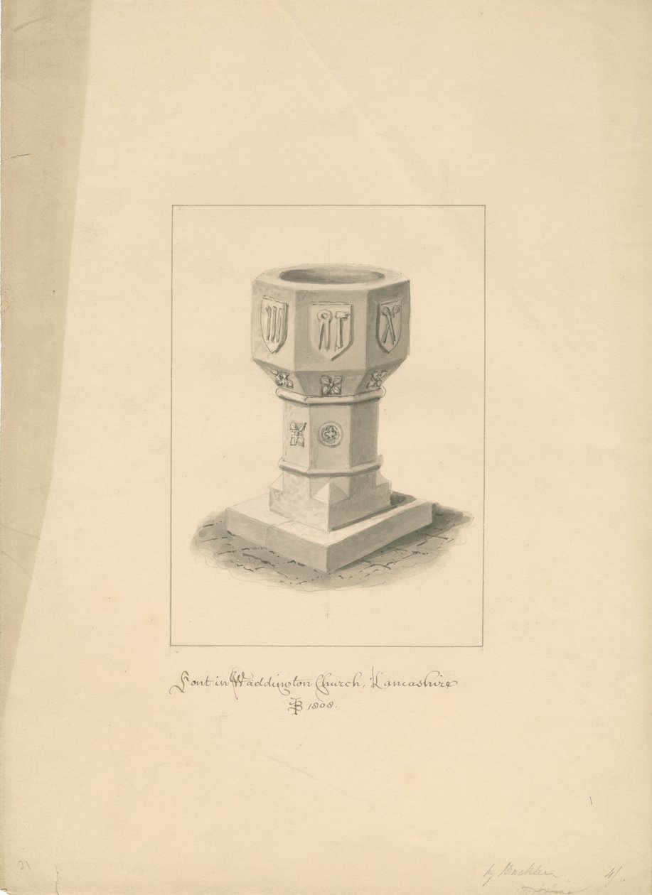 Lancashire - Waddington Church - Skrifttype: sepia-tegning, 1808 af John Buckler